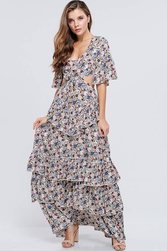 Floral Print Cut Out Maxi Dress